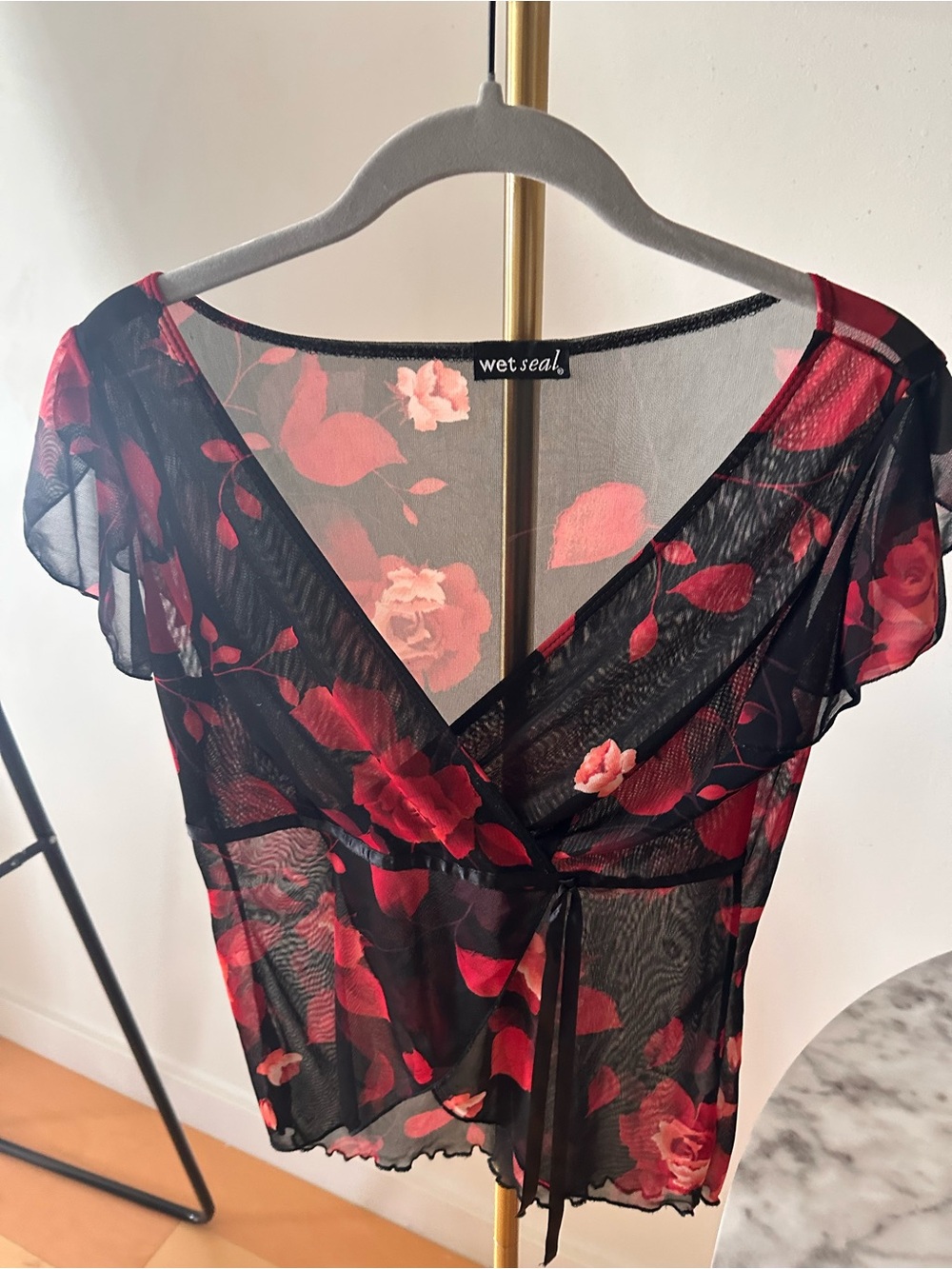Wet Seal Black Sheer Wrap Top with Red Rose Print